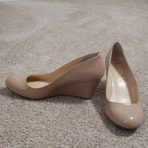 Nude Jessica Simpson patent wedge heels